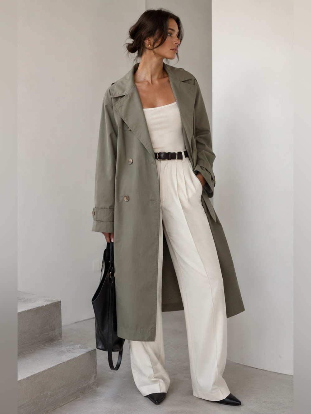 Vintage XXVI Sage Green Trench Coat | Minimalist Double Breasted Duster | 90s